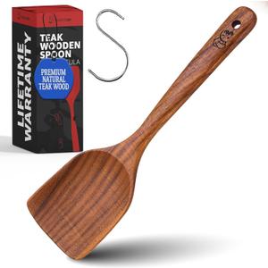 PriorityChef Premium Teak Flat Wooden Spatula for Cooking - Long Handle Wooden Wok Spatula, Flat Wood Turner for Stir Fry, Wood Teak for Nonstick Pans, Kitchen Cooking Utensil