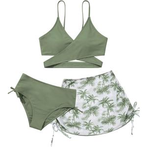Girls 2 Piece Swimsuits with Skirts Criss Cross Swim Bathing Suits Teen Girls' Swimwear Adjustable Strap Bikini Set (13-14 Years, Green+white Flowers)