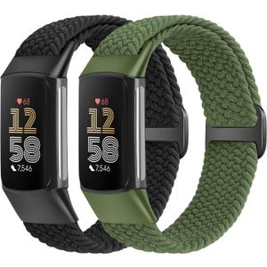Elastic Braided Bands Compatible with Fitbit Charge 5/Fitbit Charge 6 for Women Men, Breathable Adjustable Stretchy Nylon Loop Sport Replacement Wristbands for Fitbit Charge 6 Charge 5 Straps (Black+Olive)