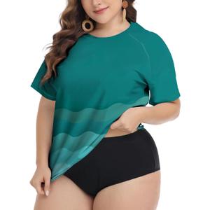 FOREYOND Plus Size Rash Guard Shirts for Women Short Sleeve UPF 50+ Sun Protection Swimwear Swim Suits Top (Blue) 4XL