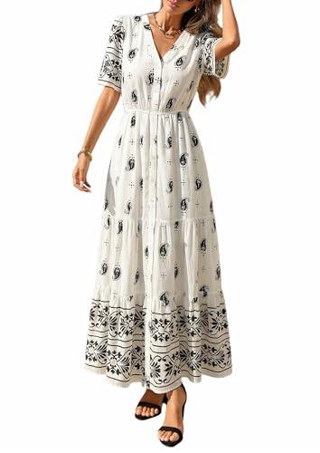 PRETTYGARDEN Womens Summer Boho Maxi Dress 2026 Trendy Short Sleeve V Neck Flowy Beach Floral Dresses with Pockets (White Black Flower,X-Large)