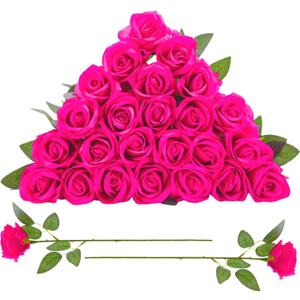 24 Pcs Hot Pink Rose Artificial Flowers with Long Stem Real Touch Silk Roses Bulk for Wedding, Party, Table Centerpieces Bright Pink Bouquet, Bridal, Home Decor
