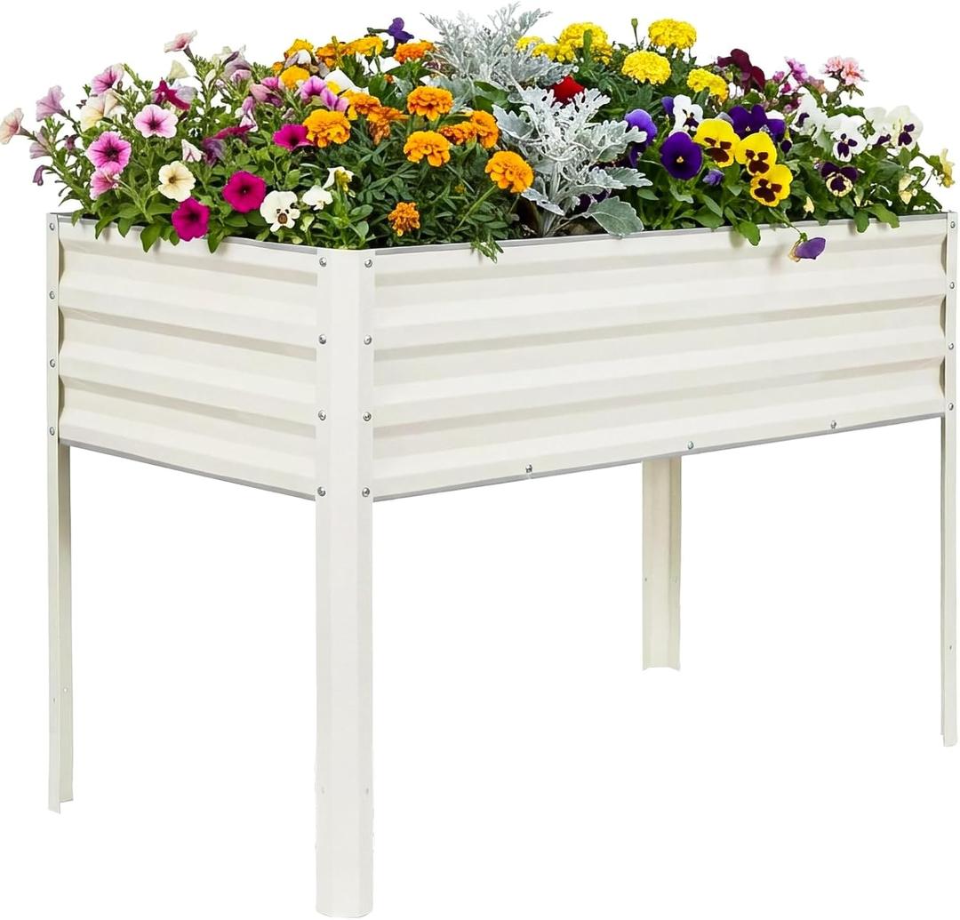 Elevated Raised Garden Bed with Legs, 48x24x32in Galvanized Planter Box Outdoor with Drainage Holes, Large Metal Raised Beds for Gardening Vegetables Herbs, Backyard, Patio, Balcony, White