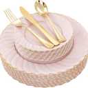 YOUBET 125Pcs Pink Plastic Plates with Gold Rim - Scalloped Plastic Plates Set Includes 25 Dinner, 25 Dessert Plate, 75 Gold Silverware for 25Geusts for Wedding Birthday Baby Shower Mothers Day