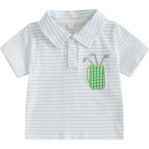 Toddler Baby Boy Shirt Golf Stripes Short Sleeve Button Down T-Shirt Tops Cute Infant Casual Tee Summer Clothes (White)
