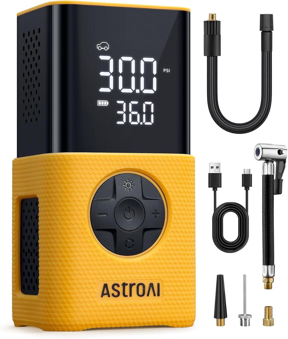 AstroAI Tire Inflator L7S Portable Air Compressor Cordless Bike Air Pump with Digital Dual Values Display, 150 PSI Car Tires Pump with LED Lights Air Pump for Auto, Motorcycles, Bikes, Balls (Yellow-Silicone)