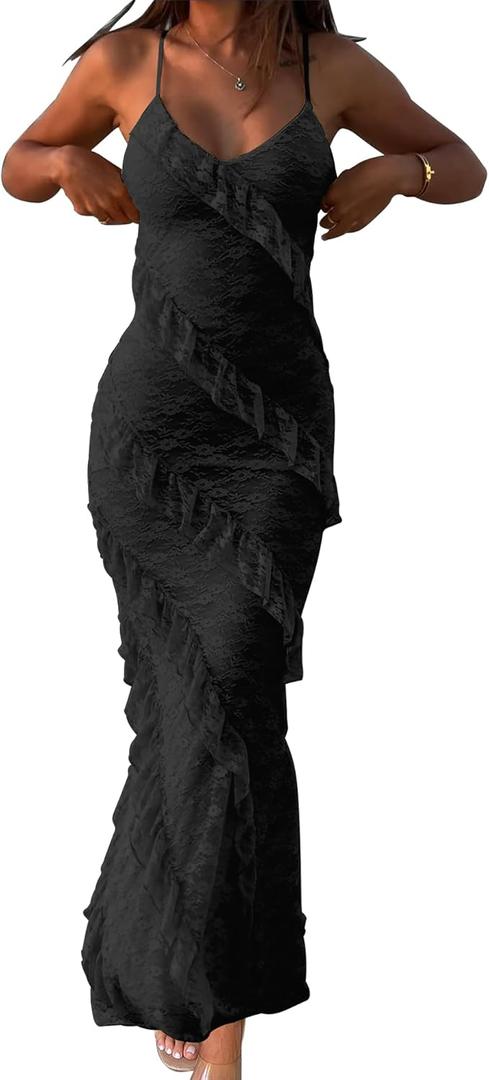 HOCILLE Women's Sexy V Neck Floral Lace Wedding Bodycon Spaghetti Strap Elegant Ruffle Maxi Cocktail Party Dresses Large