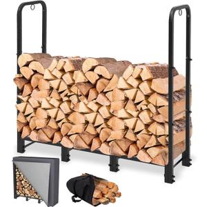 4FT Firewood Rack Outdoor with Cover, Heavy Duty Wood Holder with Log Carrier, Adjustable & Waterproof Log Holder Wood Storage Stand for Fireplace Patio Outdoor, Black