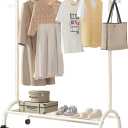 Clothes Rack with Wheels for Hanging Clothes, Heavy Duty Clothes Organizer with Bottom Mesh Storage Shelf, Sturdy Metal Frame, 100 lb Max Total Load, 2 Brakes, Side with 2 Hooks