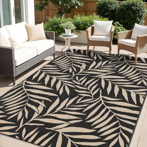 OLANLY Waterproof Outdoor Rug 5x8 ft, Reversible Outdoor Plastic Straw Rug with Leaf Pattern, RV Mat, Indoor Outdoor Carpet for Patio, Camping, Balcony, Deck, Backyard, Black & Beige