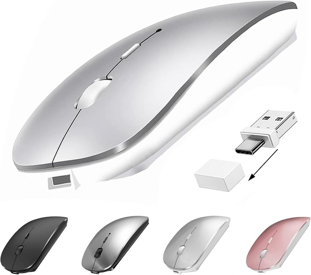 Bluetooth Wireless Mouse USB C for MacBook Air Pro iMac Laptop Desktop Computer, Wireless Rechargeable Silent C Mouse for Mac Desktop/iPad/Surface Pro (BT5.2/3.0, 2.4G USB A, Type-C Receiver) (Silver)