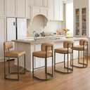 26" H Counter Height Bar Stools Set of 4, Modern Faux Leather Upholstered Barstools with Backrest for Kitchen Island, Gold Metal Frames, Brown