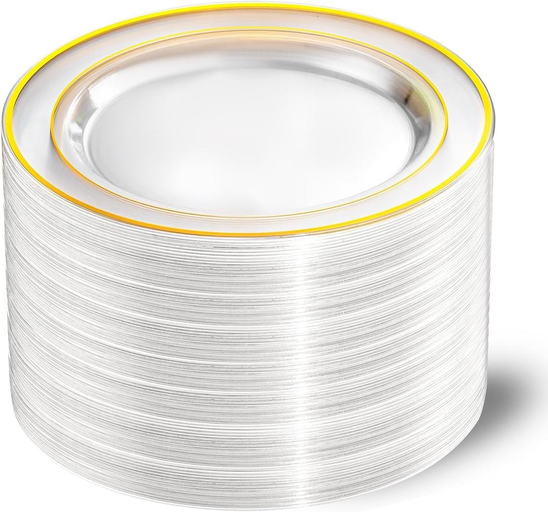 I00000 60PCS Clear Gold Plastic Plates, Clear Plates With Gold Rim 10 Inch,Fancy Disposable Wedding Plate Heavy Duty Plastic Plate for Birthday, Wedding & Party