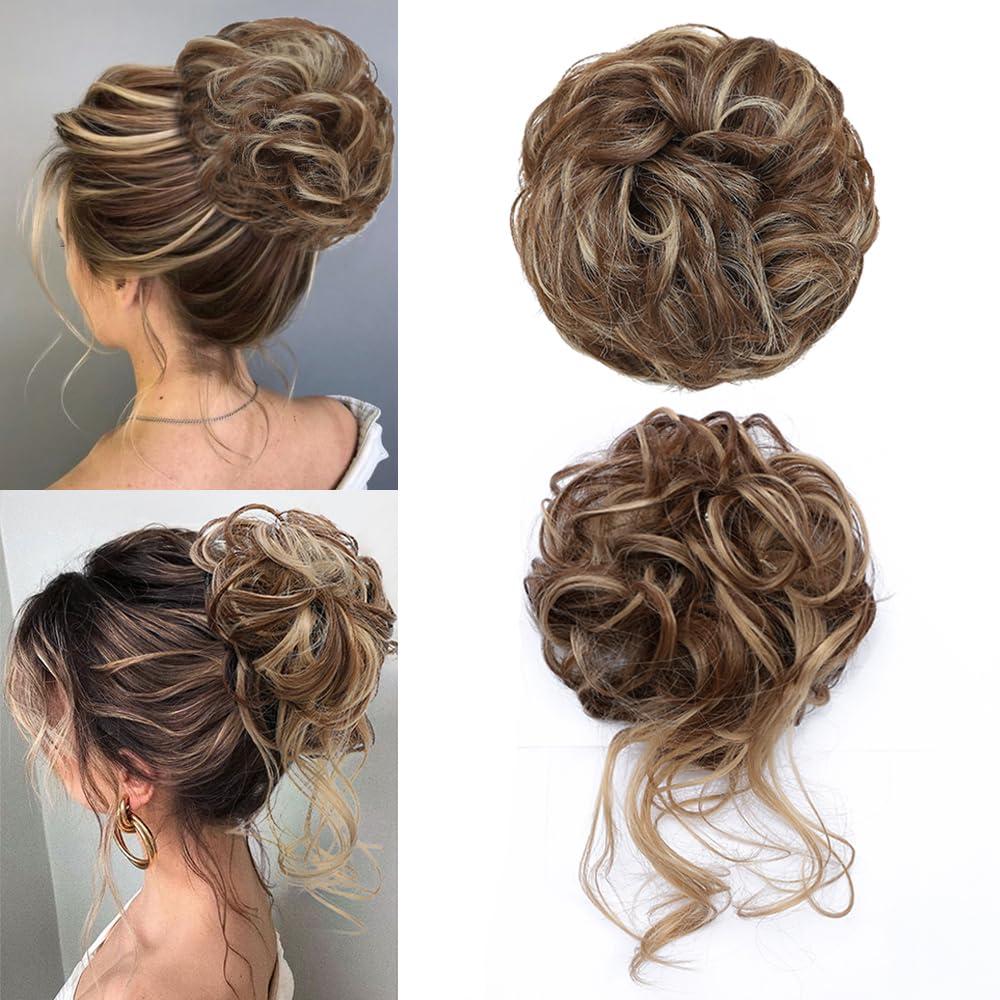 KETHBE Messy Bun Hair Piece Tousled Updo Hair Buns Extension Elastic Hair Band Hair Pieces Curly Hair Bun Scrunchie For Women (2PCS,Brown Mix Blonde)