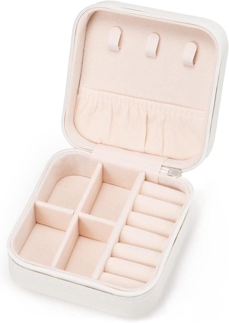 VOMNA Mini Jewelry Travel Case,Small Jewelry Box,Traveling Jewelry Organizer,Portable Jewellery Storage Holder for Rings Earrings Necklace Bracelet Bangle Organizer Boxes for Girls Women(PU-White) (J1 - 1 Pack - White)