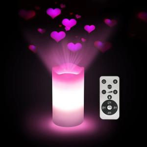 XingsLight Valentines Day Decorations Flameless Candles with Romantic Pink Heart Projector Lights Battery Operated LED Candle with Remote and Timer (1-Pack)