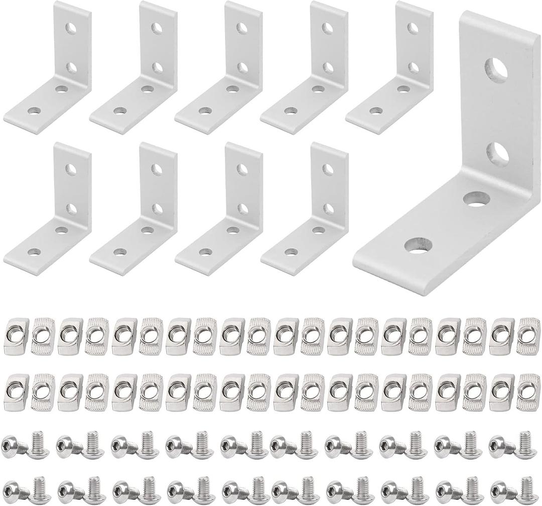 10pcs 4 Hole Inside Corner Bracket for 2020 Aluminum Extrusion 6mm Slot, 2020 Silver L Corner Bracket 90 Degree with 40pcs M5 T Nuts,40pcs M5 Hex Screw,1pcs Wrench