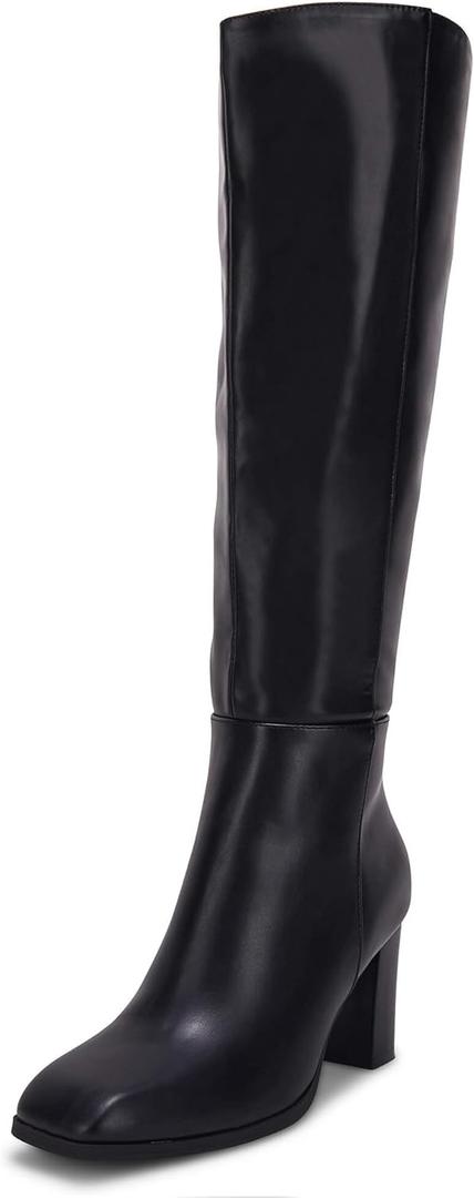 Coutgo Womens Knee High Boots Chunky Block Heels Square Toe Side Zipper Faux Suede Fall Winter Comfort Boot (6, Glossy Black)