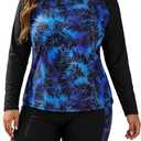 SHEKINI Women's Plus Size Two Piece Rash Guard Long Sleeve Swimsuit Shirt with Build in Bra & Boyshort (Blue, XXXL)
