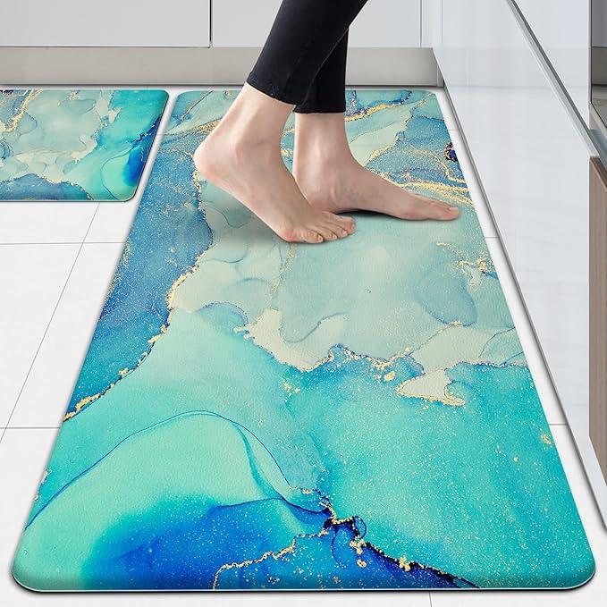 Teal Kitchen Mats Cushioned Anti Fatigue, Gold Marble Kitchen Rugs Set of 2 Non Slip Waterproof Comfort Memory Foam Kitchen Standing Mats for Floor Laundry Room, Office, Sink
