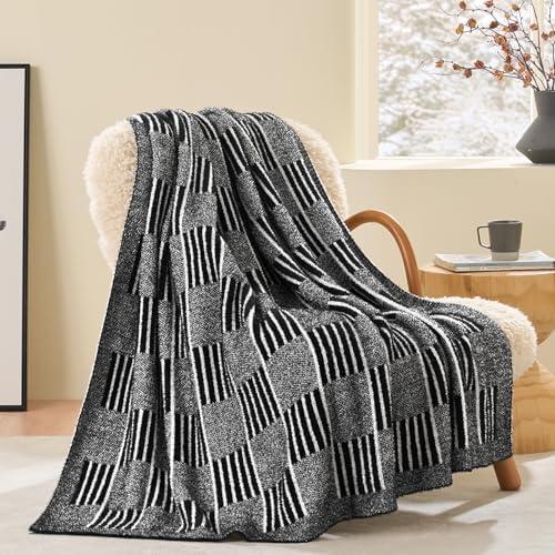 Snuggle Sac Checkered Throw Blanket, Black Fluffy Faux Fur Reversible Soft Microfiber Warm Throw Blankets for Couch,Sofa,Travel,Cozy Lightweight Striped Blankets for Women,Heather Black,50x60 inches