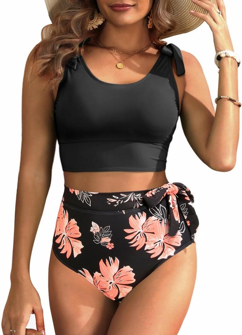 Two Piece High Waisted Swimsuits - Women Tummy Control Bikini Modest Bathing Suit 2PC 2025 (Large, Pink Floral)