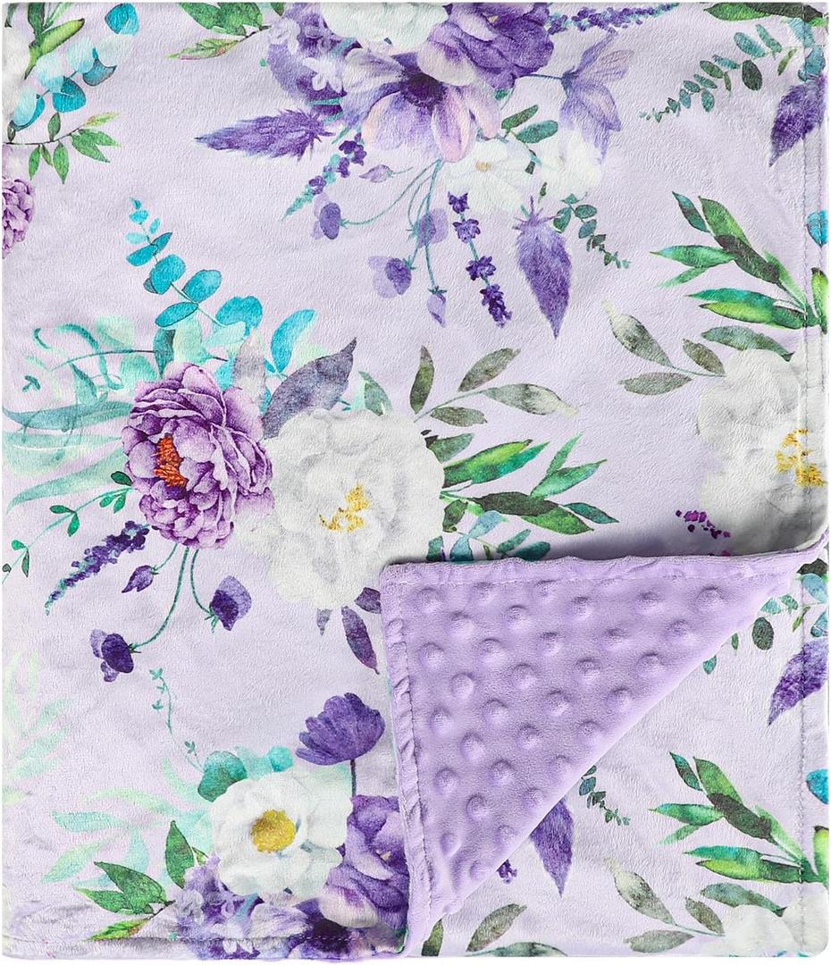 Toddler Blanket 50 x 60 Inch, Large Baby Blanket for Kids, Super Soft Warm Minky with Dotted Backing, Purple Floral