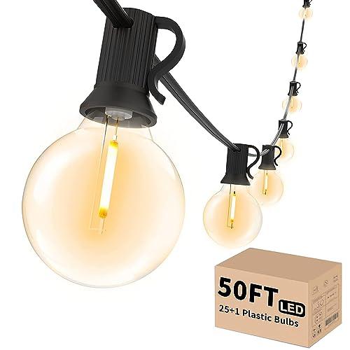 Svater Outdoor String Lights 50 FT, Patio LED Lights Outside with 26pcs Bulbs, Waterproof Shatterproof Hanging Globe Light Connectable for Bistro Cafe Backyard Balcony Warm White