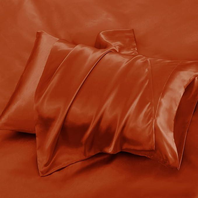 VACVELT 3-Piece Satin Fitted Sheet Set Queen Size, Orange Bottom Bed Sheet with 2 Pillowcases, Similar to Silk Sheets, Luxury & Silky Bedding Set, 15 Inch Deep Pocket