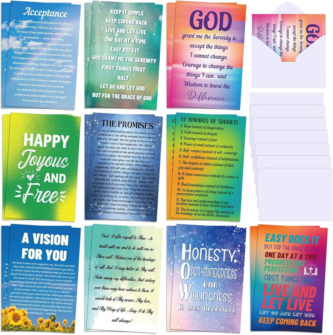 Motiskyy 20 Pack Sobriety Greeting Card with Envelope 4 x 6 Inch Blank Assorted Recovery Encouragement Cards Sobriety Anniversary Cards Inspirational Hope Quotes for Men and Women(Light Style)