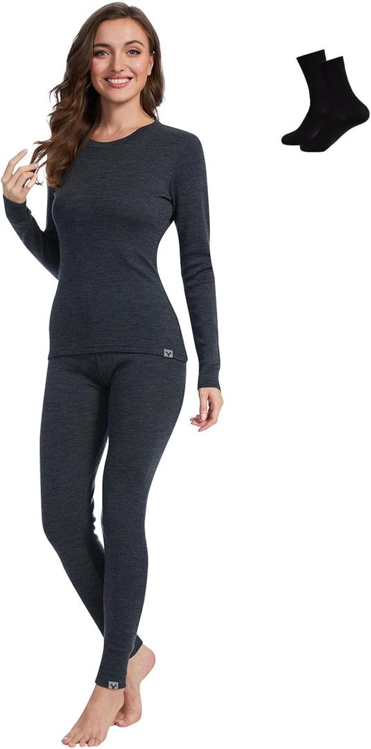 MERINNOVATION Merino Wool Base Layer Set for Women 100% Merino Wool Thermal Underwear Sets Lite - Midweight Top Tank Bottom (Medium, Charcoal 250)