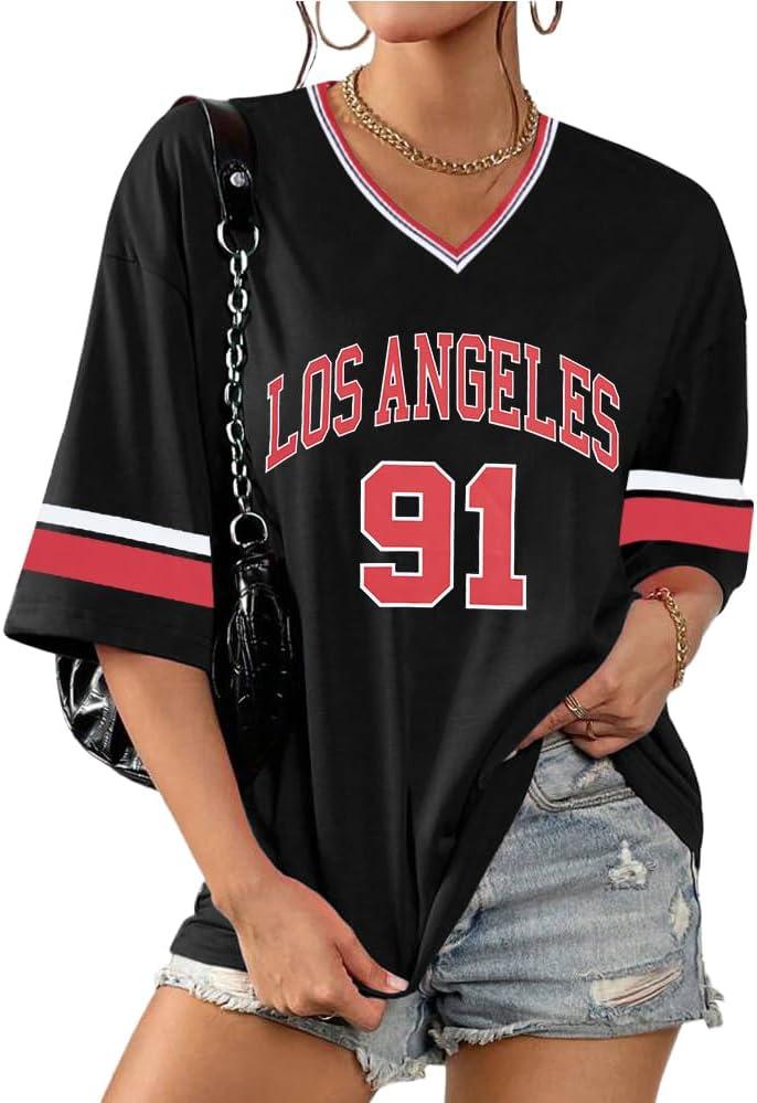 Jersey Shirts for Women Y2k Los Angeles Shirt Oversized Number Print V Neck Half Sleeve Striped Tee Streetwear Tops (Medium)