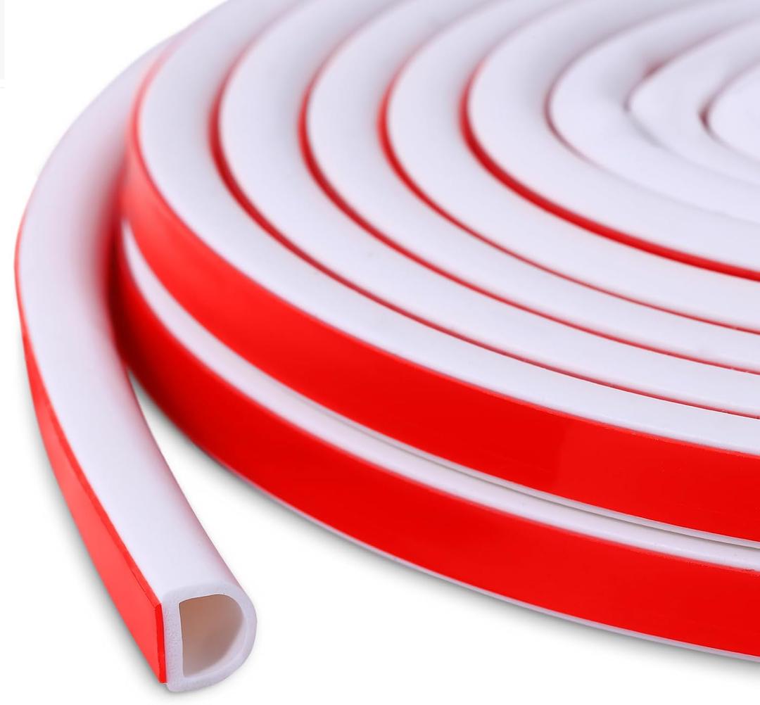 New Upgrade Silicone Door Weather Stripping Door Seal Strip, 19.7 Feet Self-Adhesive D-Shape Door Insulation Strip for Door Frame& Window, Seal Large Gaps, Easy to Cut & Install (M (3/8"W  5/16"T) 20FT, White)