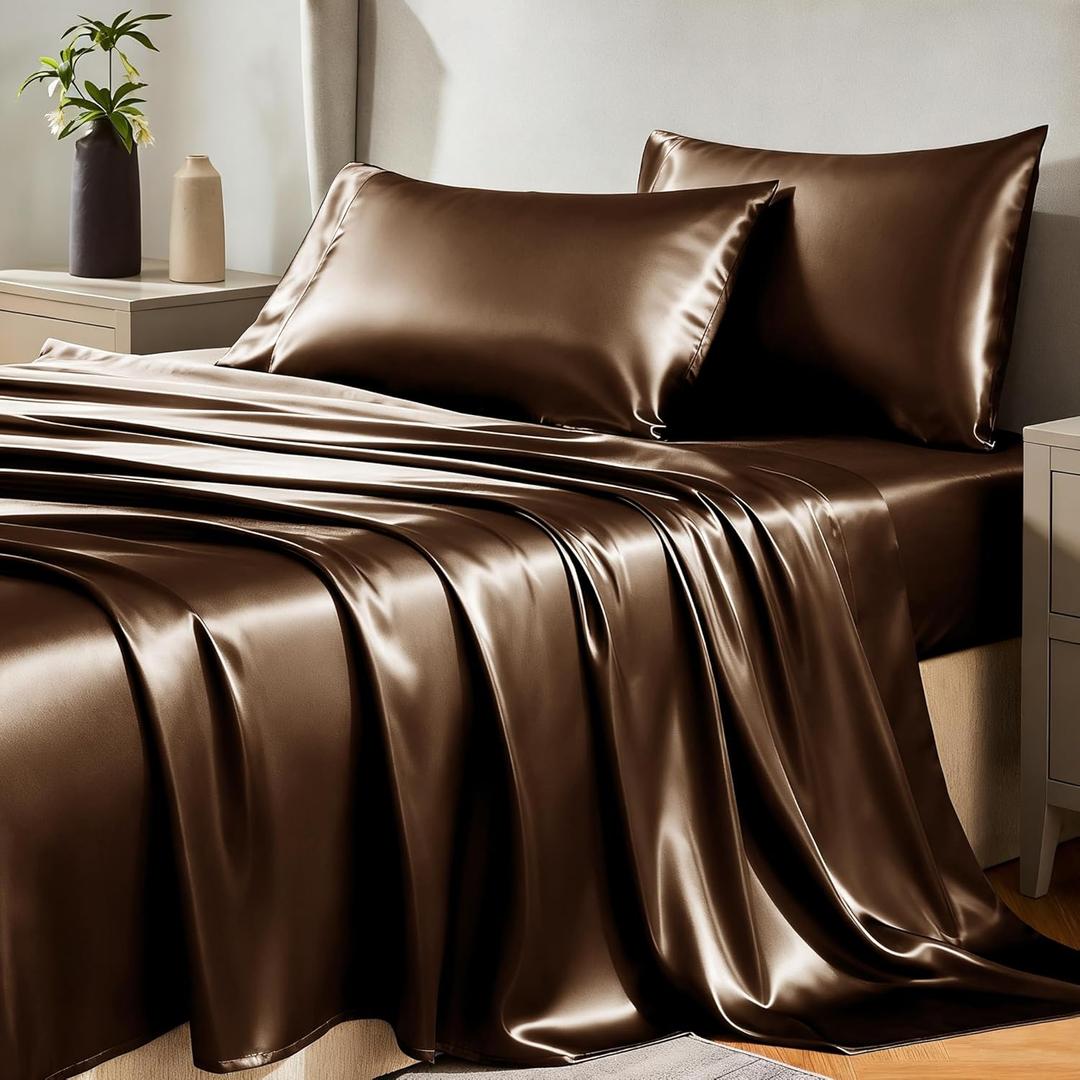 CozyLux Satin Sheets Queen Size Bed Set - 4 Piece Silky Queen Sheet Set, Luxury Brown Queen Sheets with Smooth and Soft Microfiber, Includes 1 Fitted Sheet, 1 Flat Sheet and 2 Pillowcases