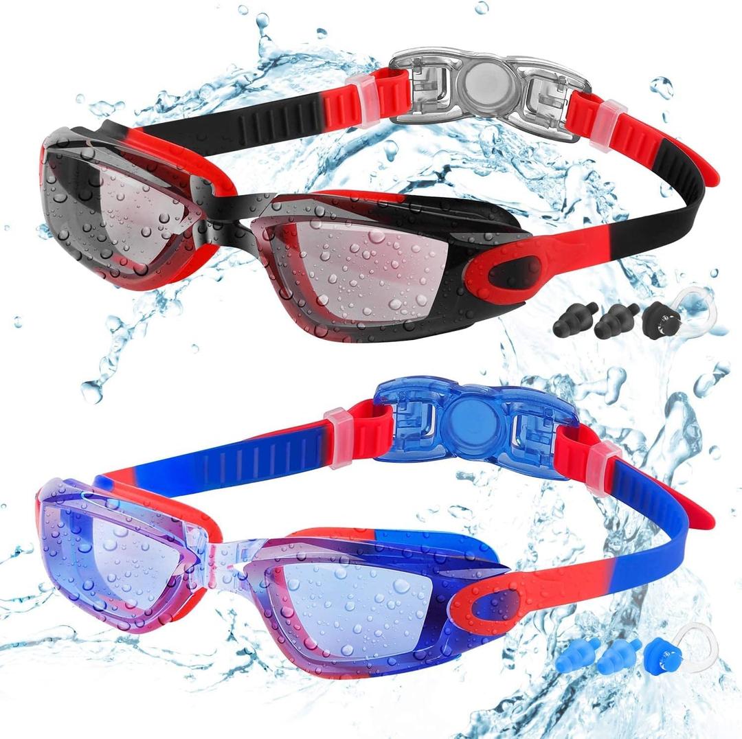 COOLOO Kids Swim Goggles, 2 Packs Swimming Goggles for Kids Girls Boys and Child Age 4-16 (02.black Red/Clear Lens&blue Red/Clear Lens)