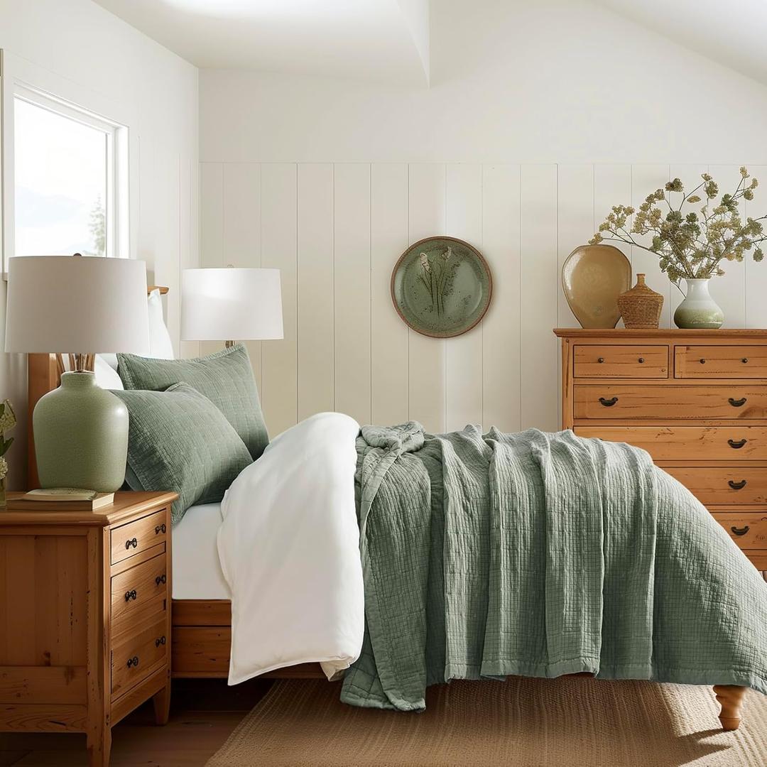 Stonewashed Cotton Quilt Set Full Queen Size, Ultra Soft Oversized Bedspread Coverlet Set, Lightweight Crinkle Box Stitch Bedding Sets for All Season, with 2 Shams, Olive Green