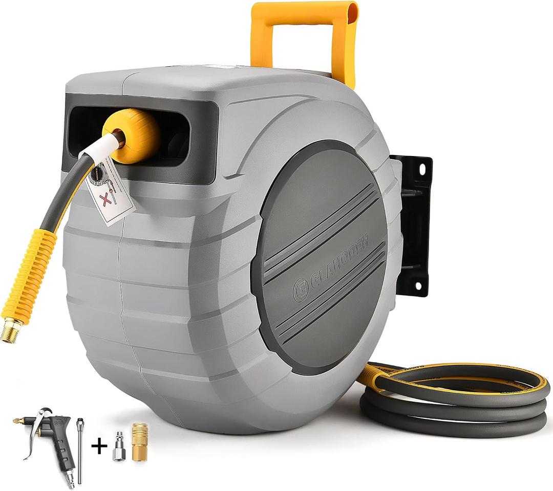 GLAHODEN Retractable Air Hose Reel, 3/8 in x 100 Ft Hybrid Hose Air Compressor Hose Reel with 6 Ft Lead in Max 300 PSI Patented Design for Any Length Lock 180°Swivel Bracket Quick Coupler