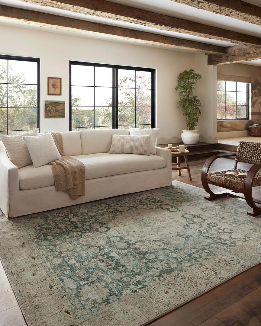 Loloi Magnolia Home by Joanna Gaines Sinclair Collection SIN-05 Jade/Sand 3'-6" x 5'-6", .25" Pile Height, Machine Washable, Accent Rug