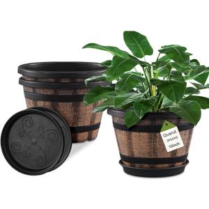 Quarut 3 Pack 10 inch Plant Pots,Whiskey Barrel Planters with Drainage Holes & Saucer, Plastic Decoration Flower Pots Imitation Wine Barrel Design, for Indoor & Outdoor Garden Home Plants (Brown)