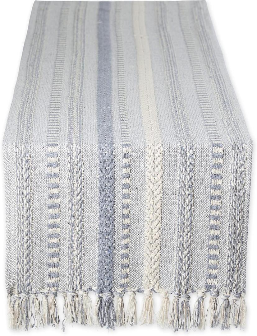 DII Farmhouse Braided Stripe Table Runner Collection, 15x72 (15x77, Fringe Included), Cool Gray