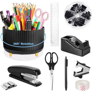 Desk Organizers and Accessories Set with 360-Degree Rotating Pen Holder, Tape Dispenser, Stapler, Staple Remover, 1000 Staples, Tape, Clips Set, Ruler, Scissor, Pen (Black)