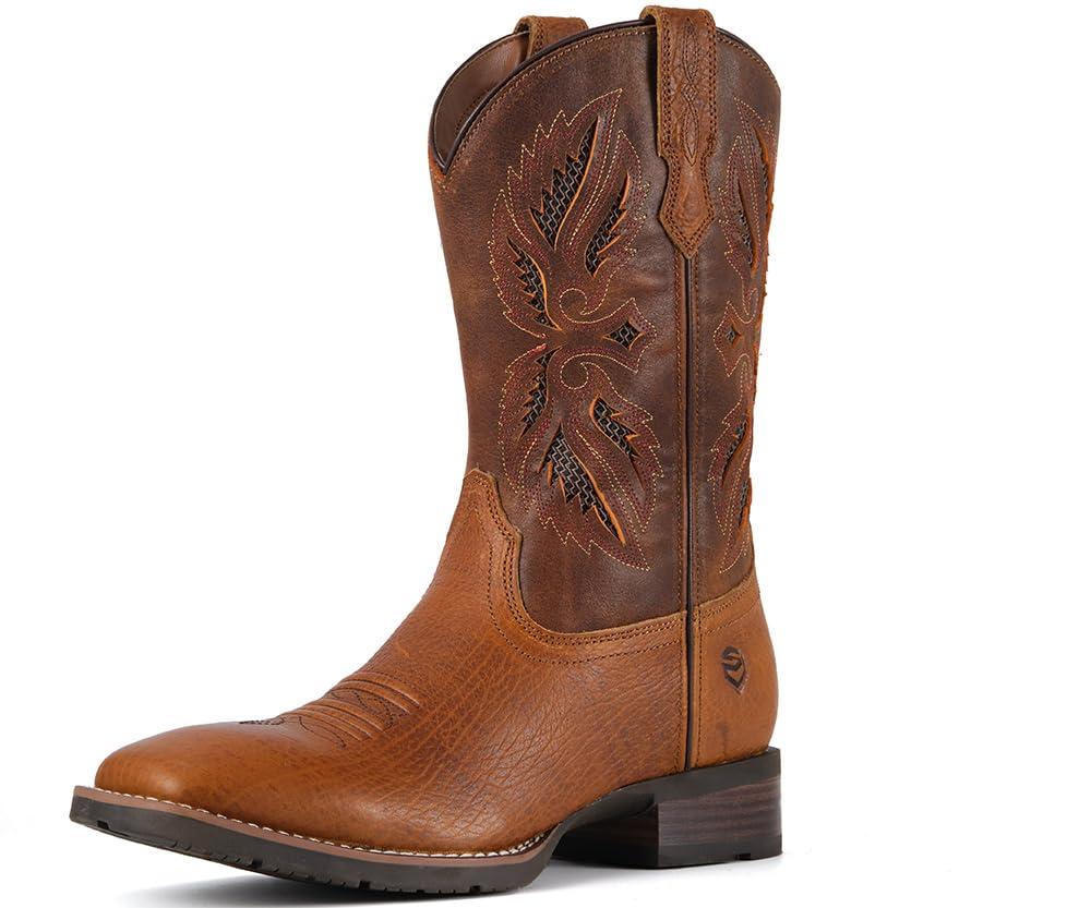 SUREWAY Men's Cowboy Boots, Square Toe Pull On Soft Toe Western Boot, 11, Earth Brown