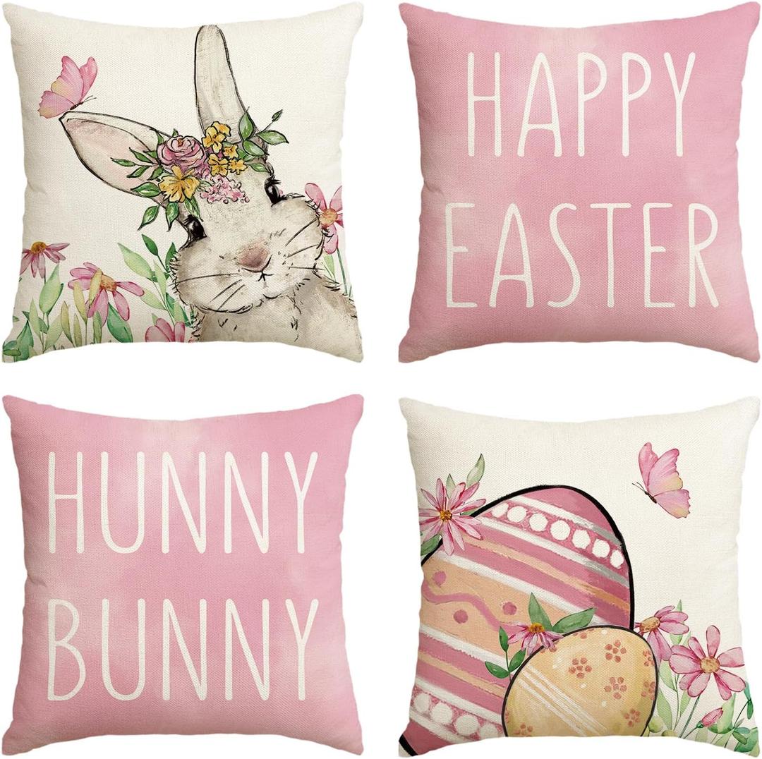 AVOIN colorlife Happy Easter Hunny Bunny Pink Throw Pillow Covers, 20 x 20 Inch Easter Eggs Bunny Spring Cushion Case for Sofa Couch Set of 4