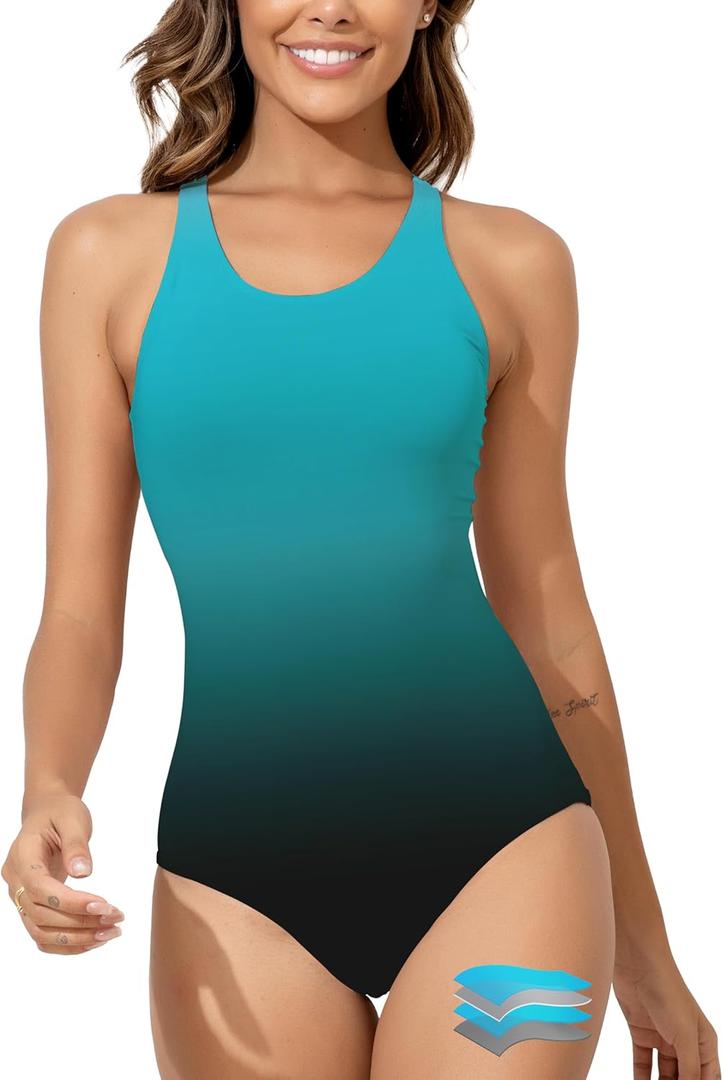 Beautikini Period Swimwear Women's One Piece Leak Proof Menstrual Bathing Suit Racerback Training Swimsuit for Teens Girls (Medium, Gradient Blue)