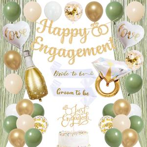 Trgowaul Green Gold Engagement Party Decorations, Happy Engagement Banner Backdrop, Bride&Groom Sash for Bridal Shower, Ring Foil Balloon, Just Engaged Cake Topper Wedding Shower Decor