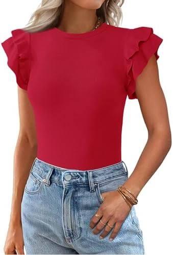 KIRUNDO Summer Sweaters for Women Lightweight 2025 Fall Ruffle Short Sleeve Business Casual Tops Slim Soft Knit T Shirts(Red, Large)