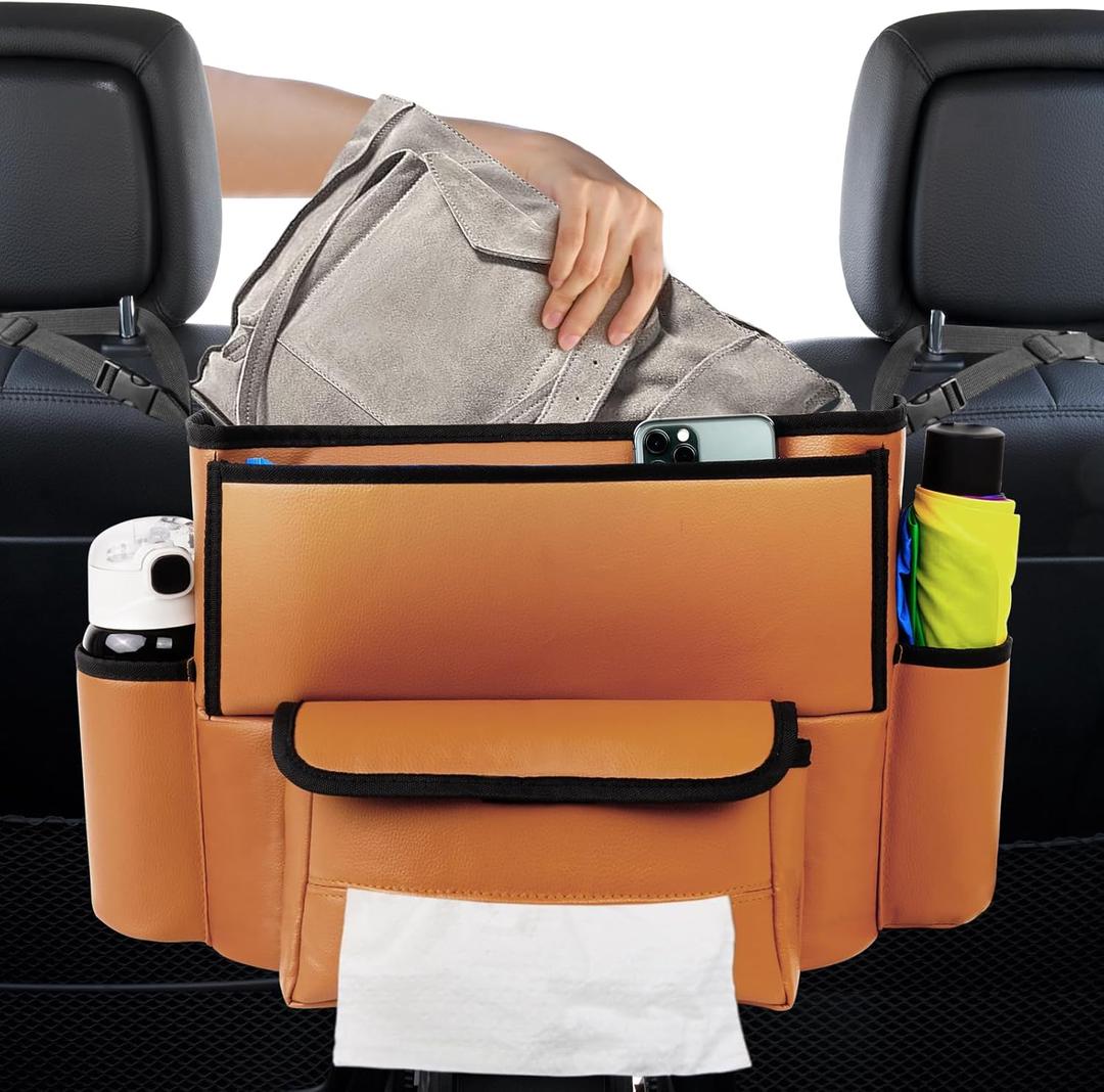 Car Purse Holder Between Seats, Car Seat Purse Handbag Holder, Automotive Consoles Organizers Storage Barrier Car Interior Accessories, Leather Large Capacity (Brown) (for SUV)