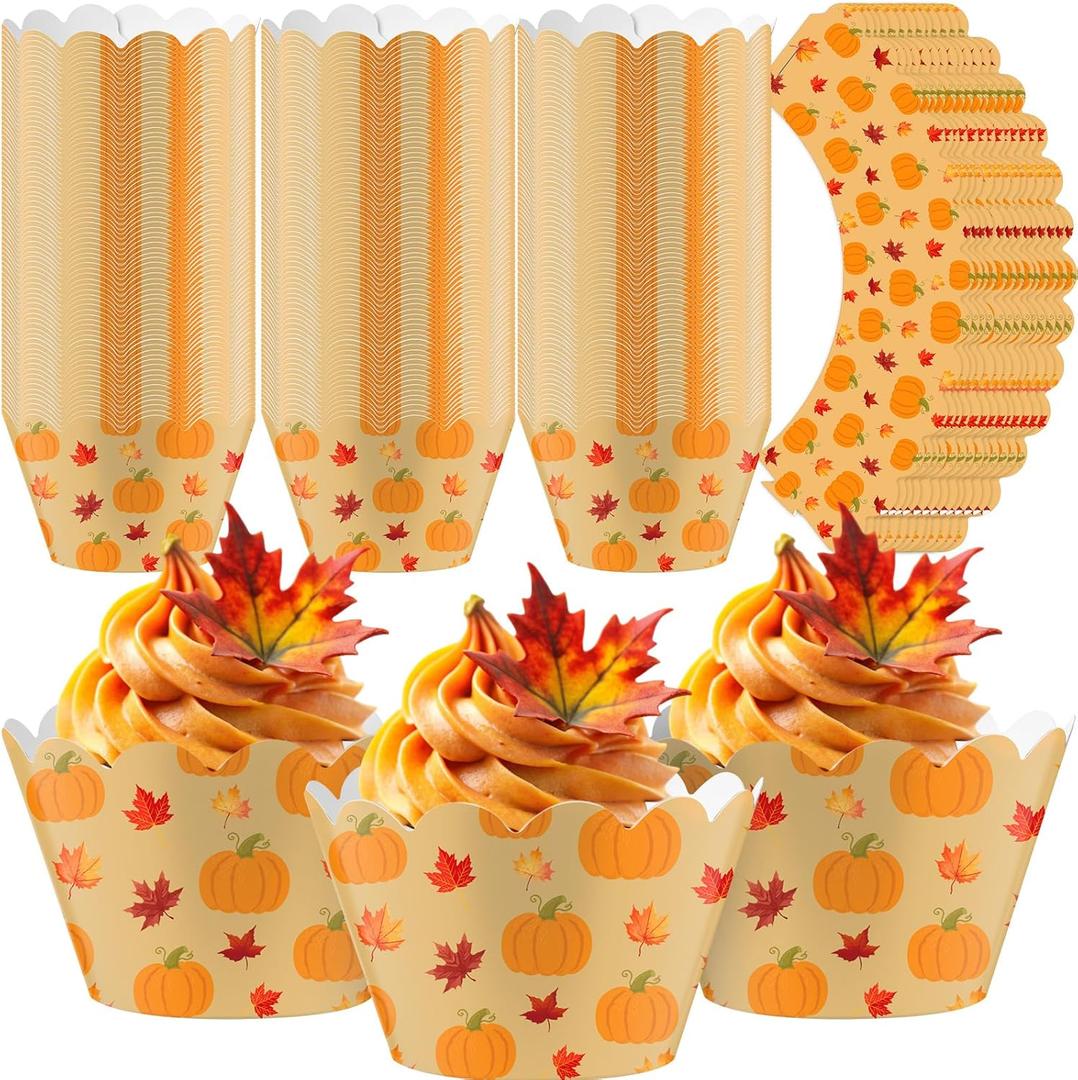 Domensi 100 Pcs Fall Pumpkin Maple Leaf Cupcake Wrappers Rustic Cupcake Thanksgiving Baking Cups for Autumn Wedding Bridal Baby Shower Birthday Party Supplies Dessert Decoration (Orange)