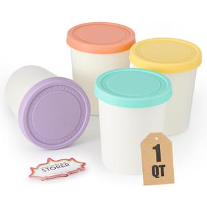 Set of 4 Ice Cream Containers for Homemade Ice Cream1 Quart EachReusable Freezer Storage Containers Cups with Lids for Frozen GelatoYogurt, SorbetLarge Pint Containers with Stickers and Lids