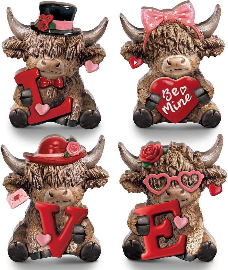 Bucherry 4 Pcs Valentine's Day Highland Cow Figurines Love Heart Rose Bow Highland Cow Gnomes Scottish Statue Calf Lovers Gifts for Home Kitchen Office Tiered Tray Table Farmhouse Rustic Decor